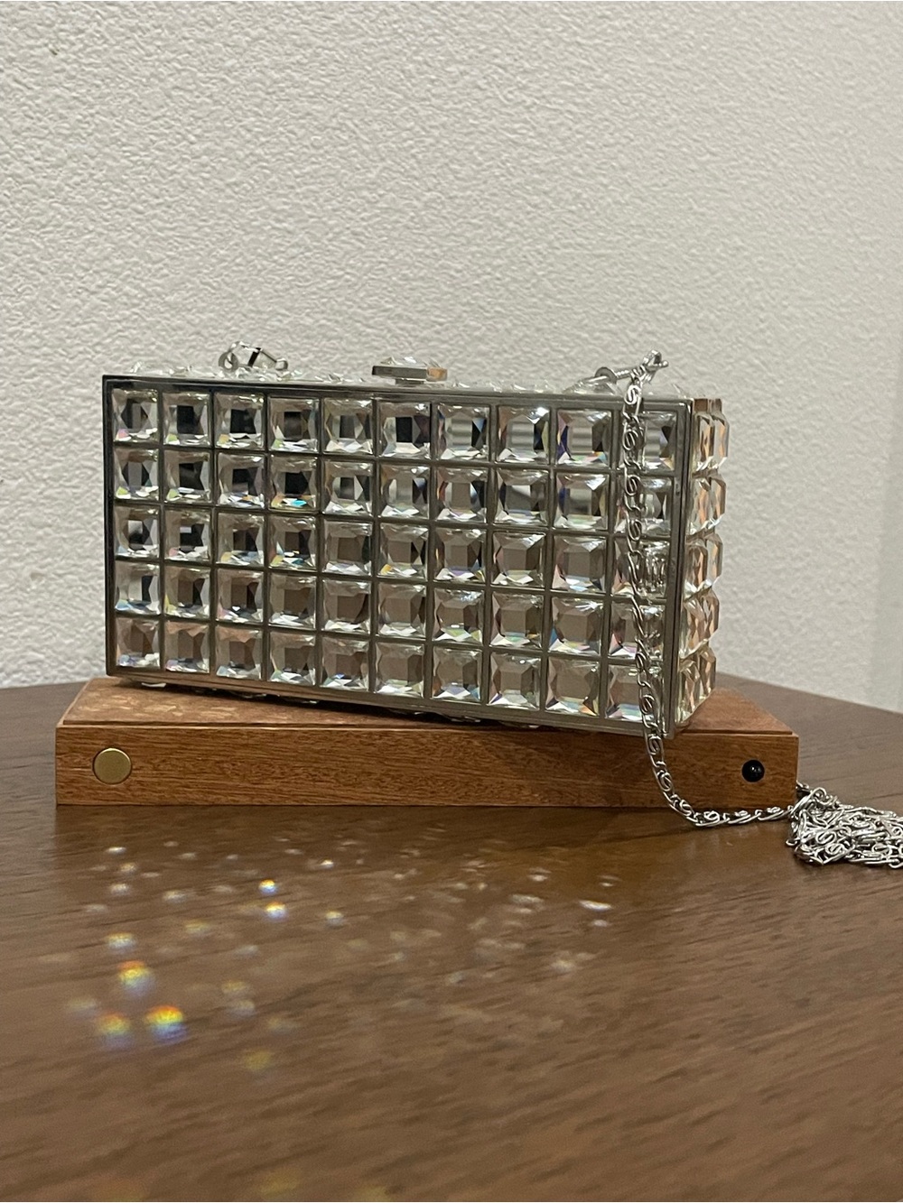 Showstopper rhinestone-encrusted hardshell minaudière bag w/ remov chain strap